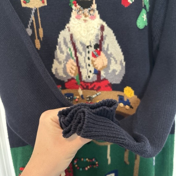 Vintage Susan Bristol Sweater Women M Navy Santa Workshop Embellished Christmas - Picture 7 of 13